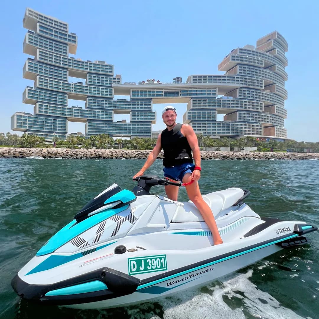 Yamaha VX 1050 jet ski on the water with the Dubai skyline behind