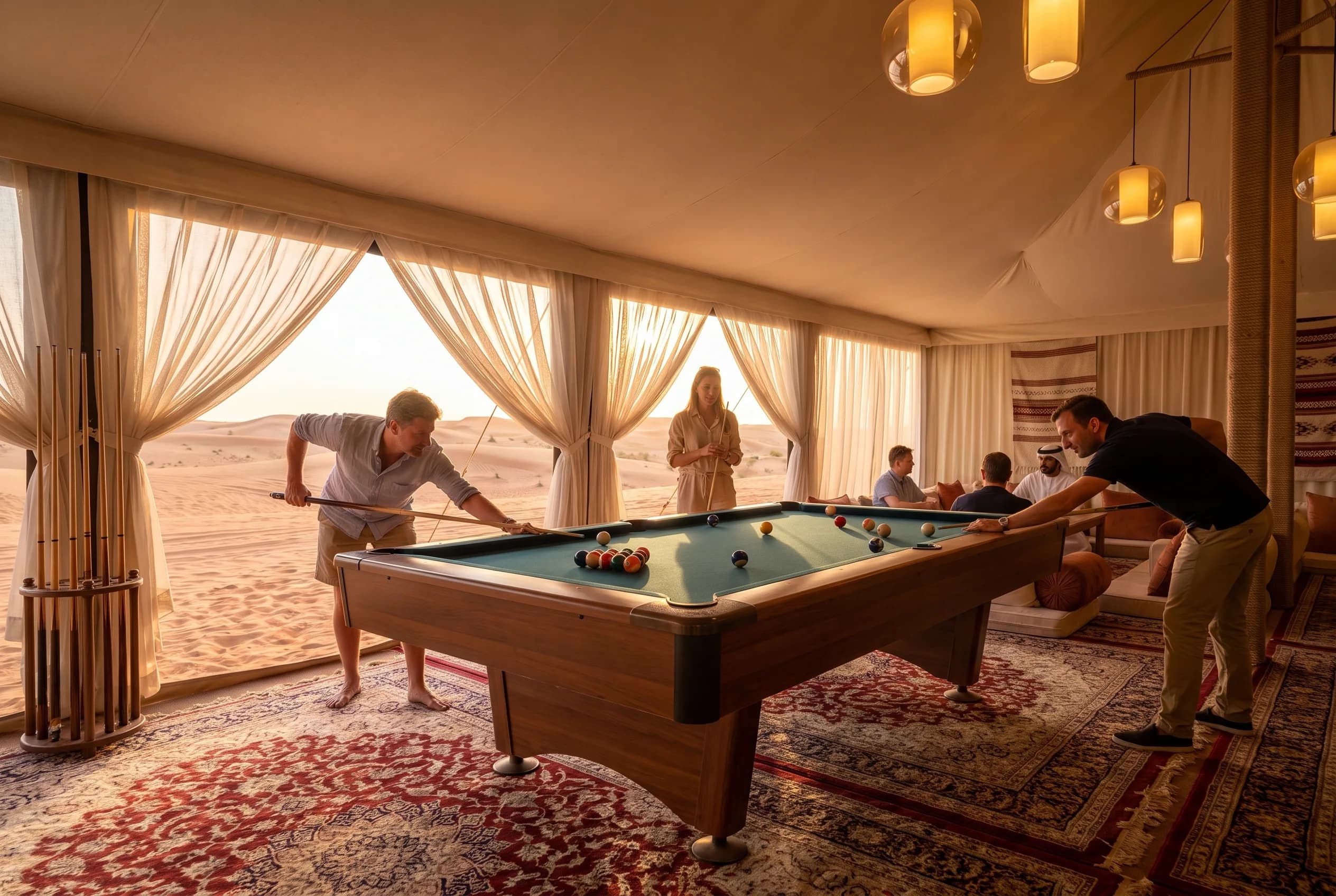 Billiard table in the majlis lounge of the King of Desert camp overlooking Dubai dunes