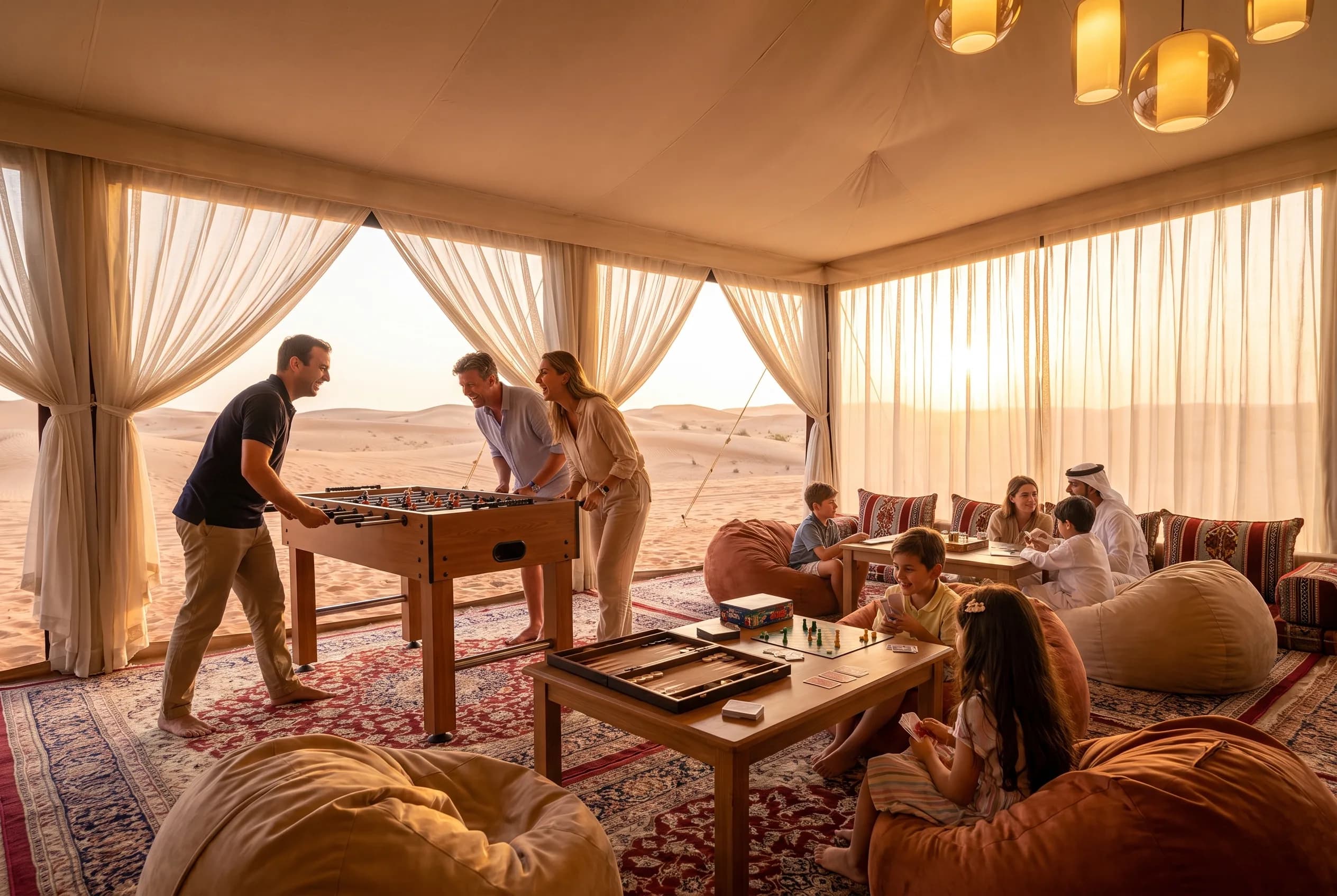 Foosball and board games in the majlis tent of our desert safari Dubai camp