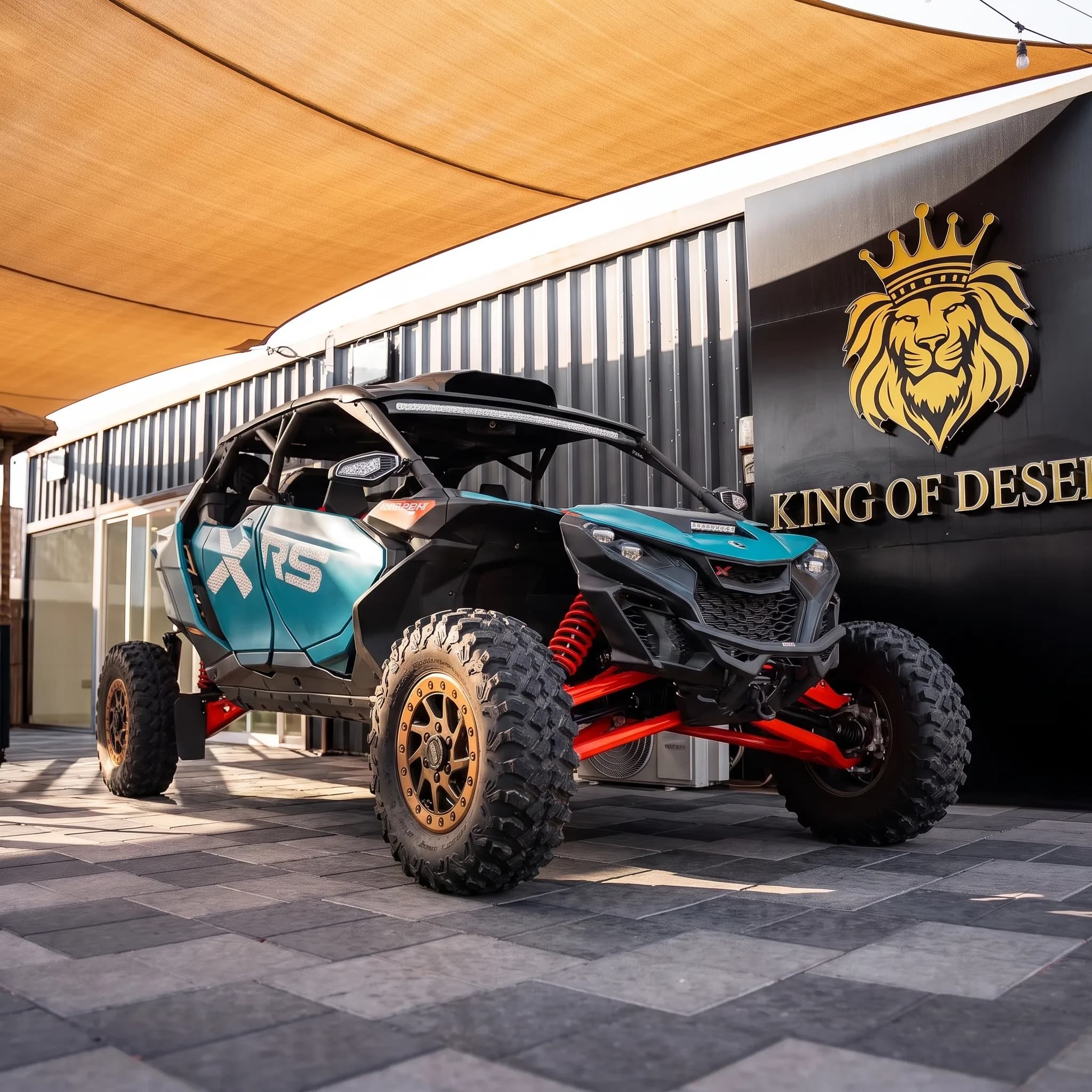 Four-seat Can-Am Maverick R XRS buggy at the King of Desert showroom entrance, Dubai