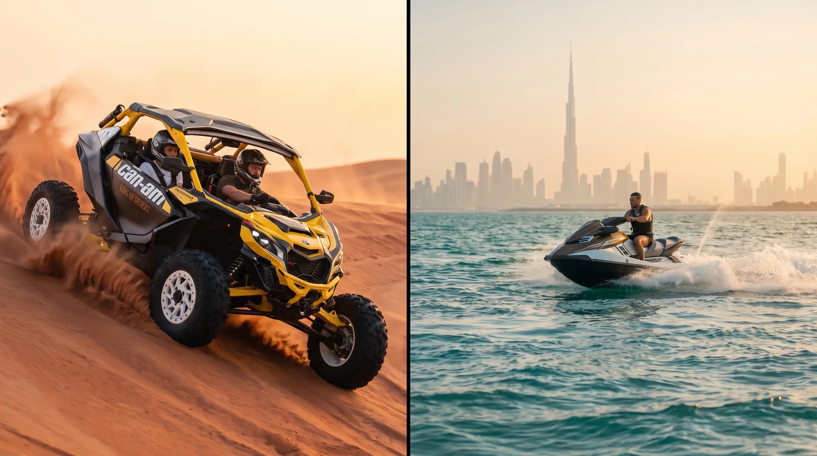 Split view of a Maverick R buggy on dunes and a jet ski by Dubai skyline