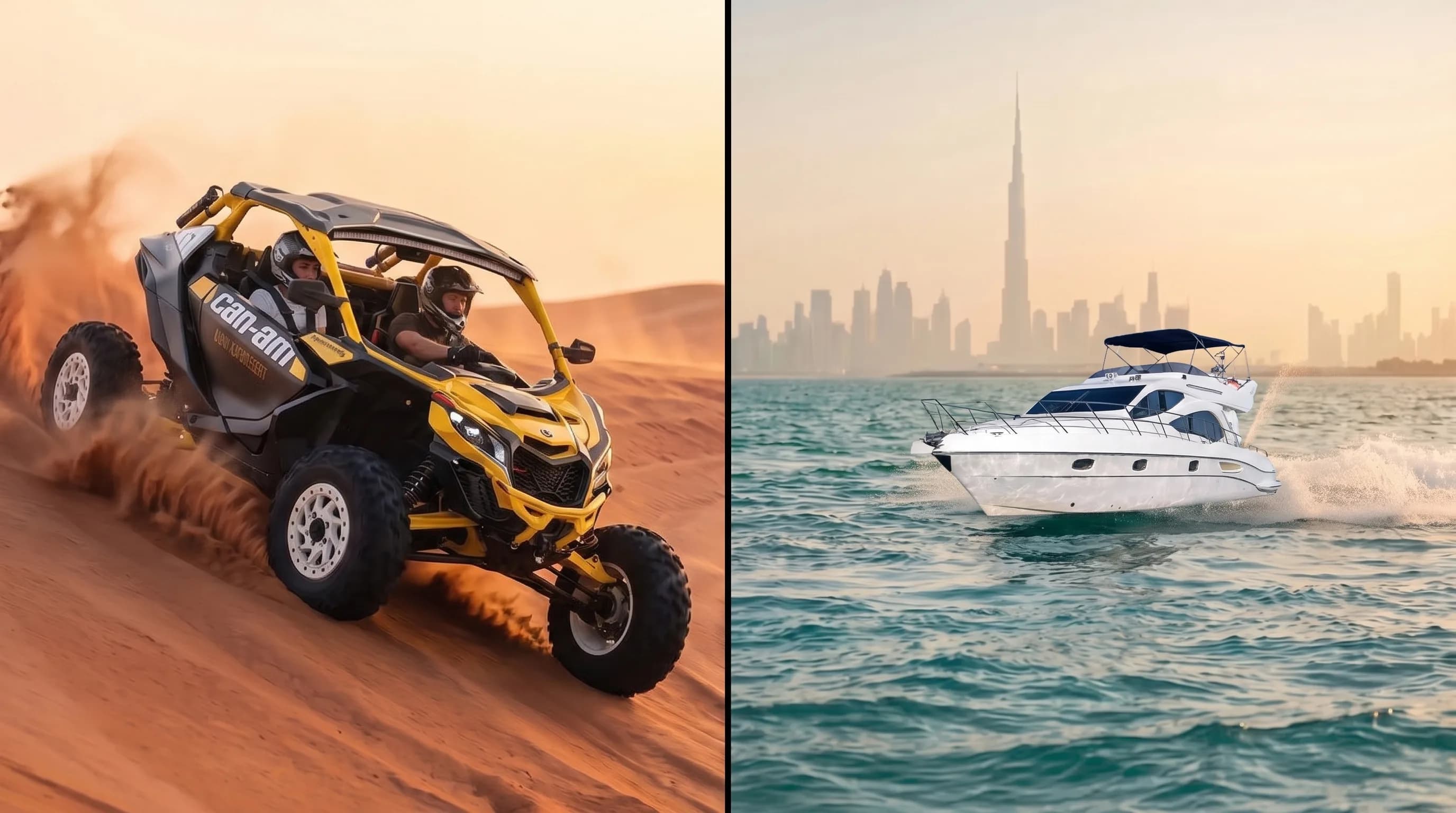 Maverick R buggy on Dubai dunes beside a luxury yacht in front of the skyline