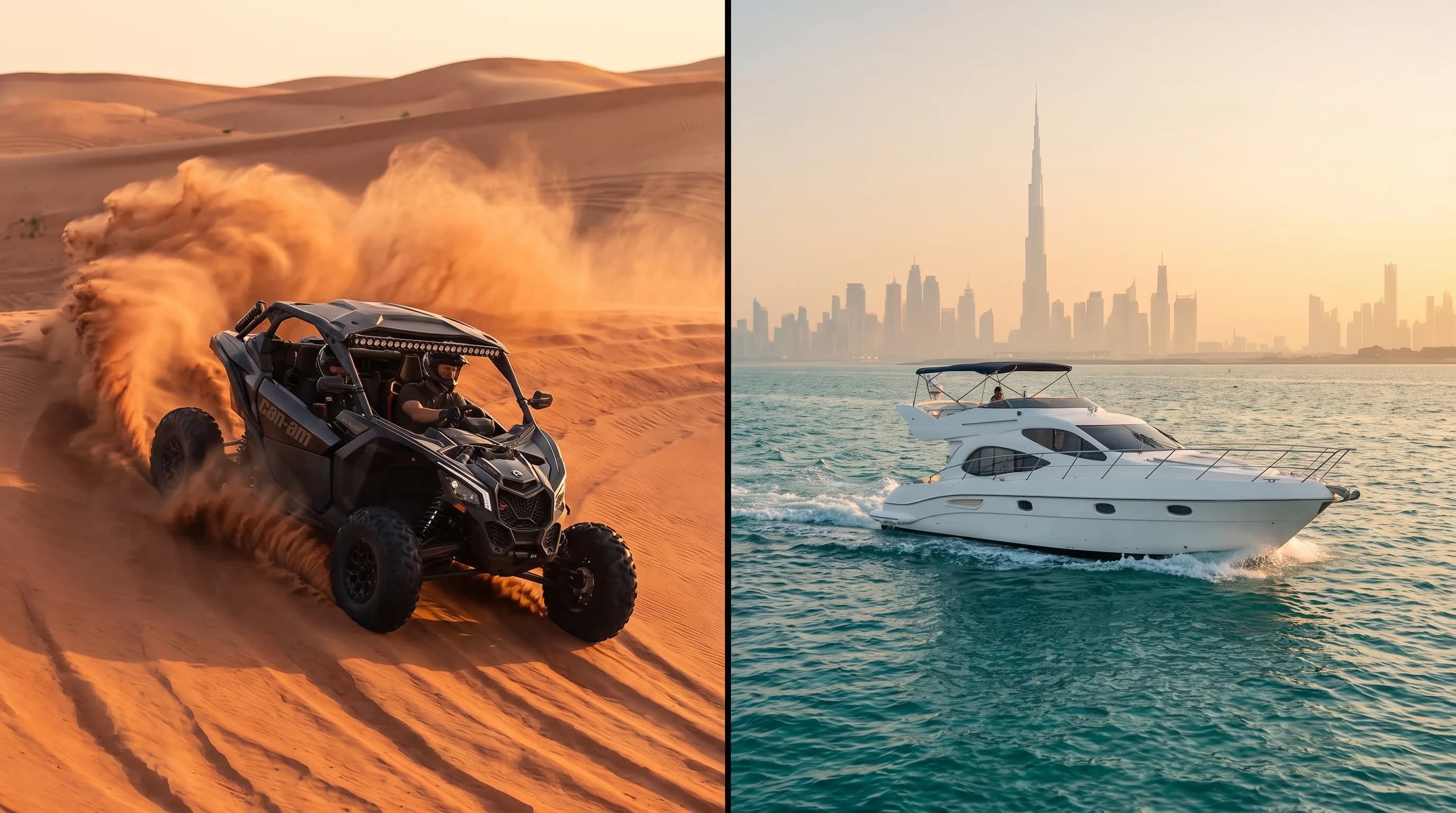Can-Am X3 buggy on the dunes beside a luxury yacht against the Dubai skyline
