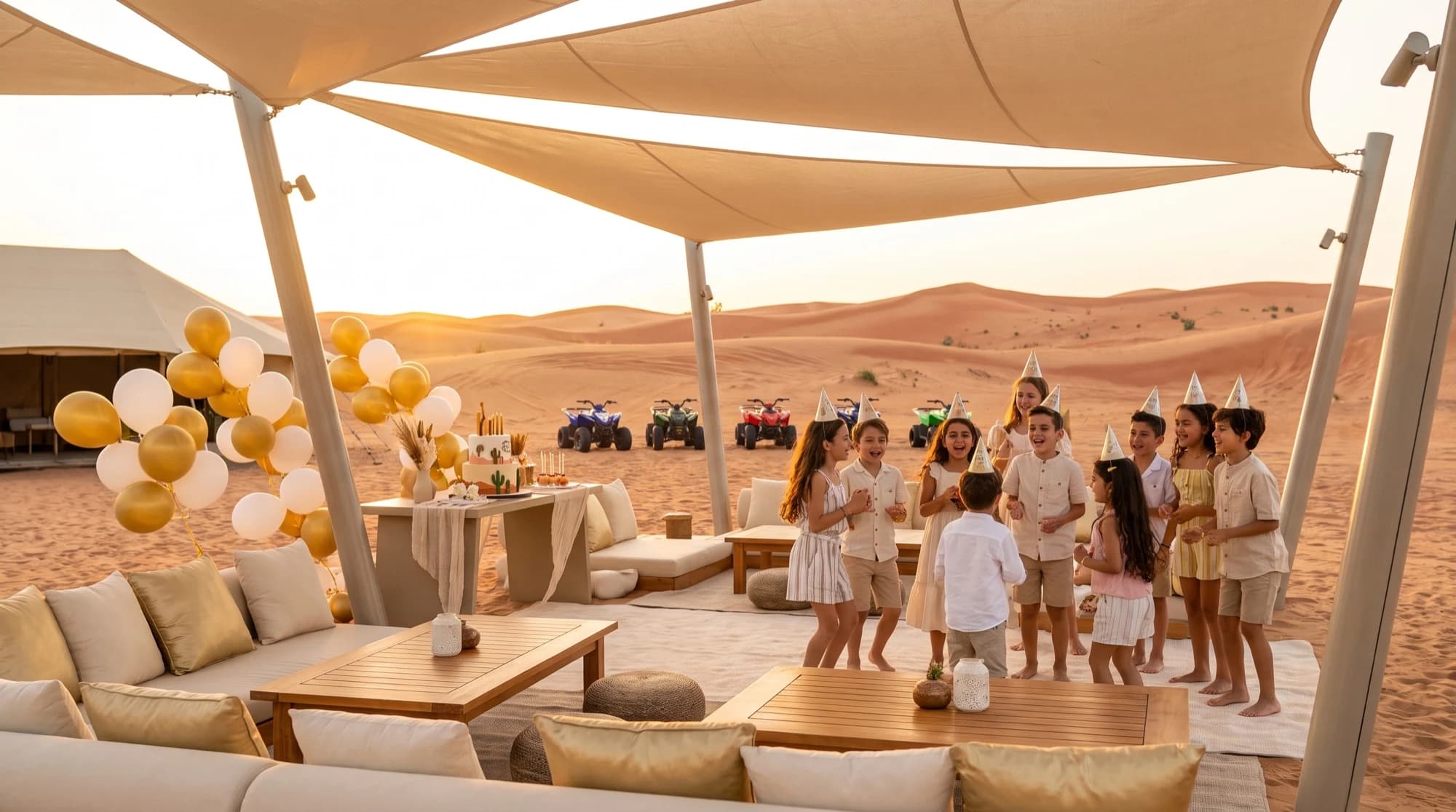 Kids birthday party at a Dubai desert camp — balloons, cake and quad bikes