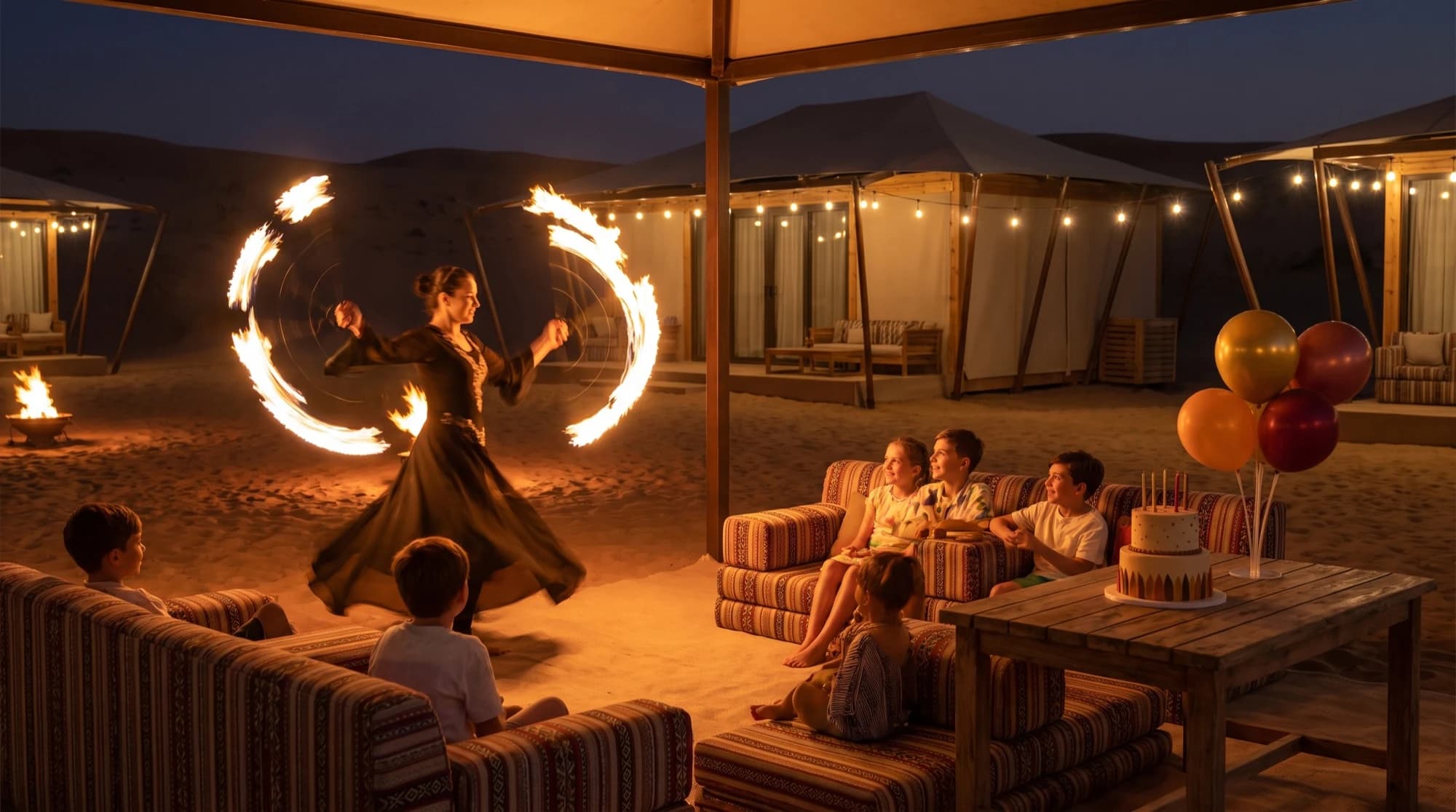 Fire Desert birthday — fire show at a Dubai desert camp at night