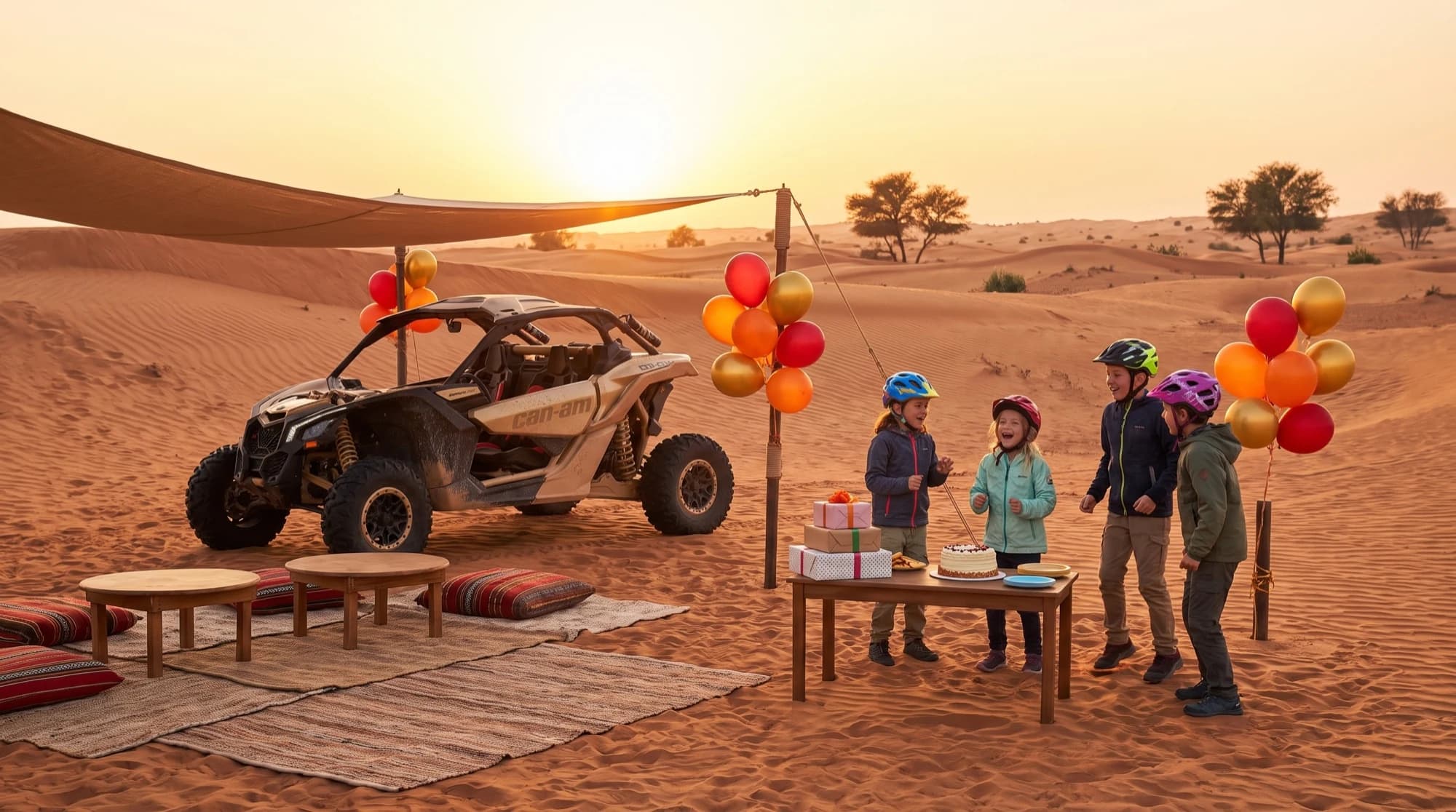 Premium Adventure birthday in the Dubai desert — Can-Am buggy and cake table