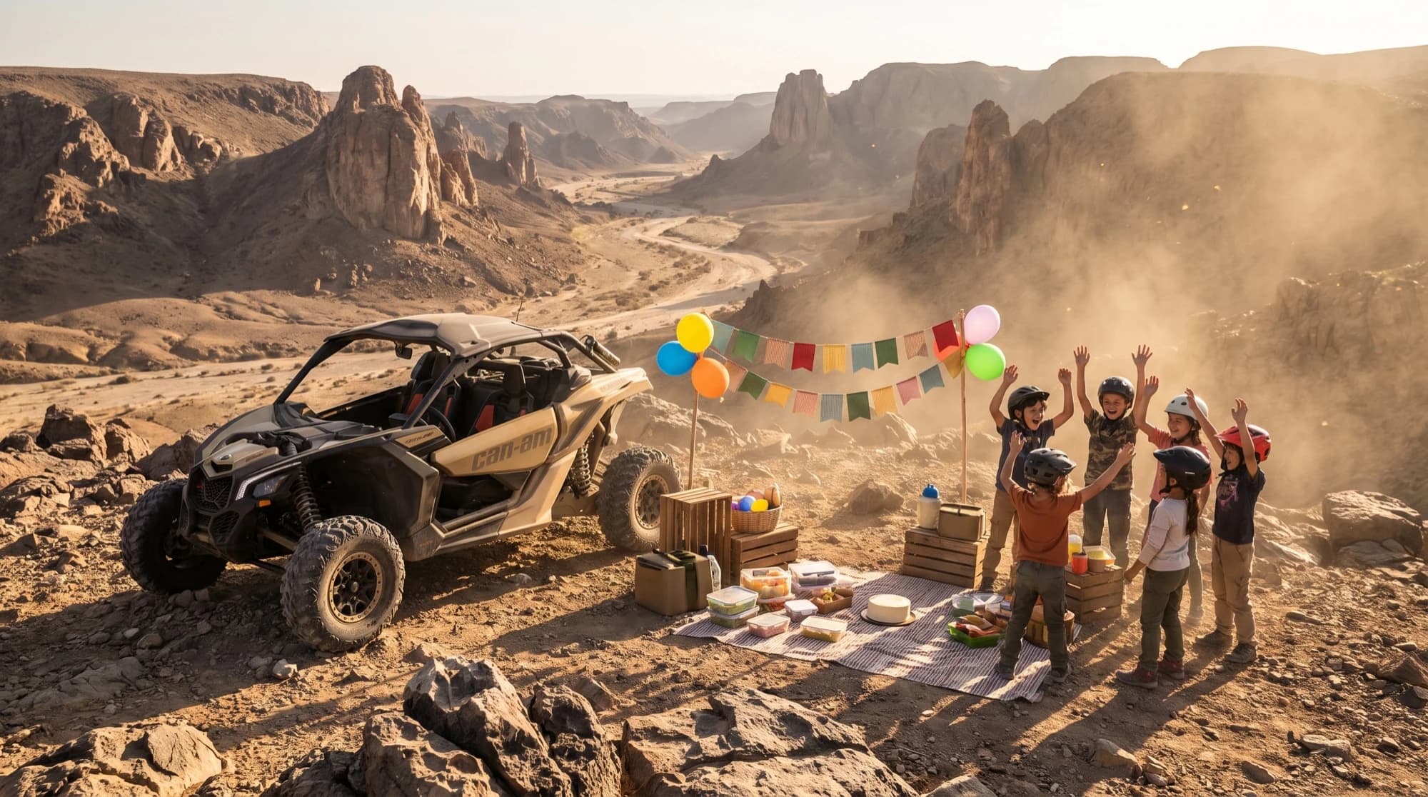 Xtreme Adventure birthday — Can-Am buggy on rocky mountain terrain near Dubai
